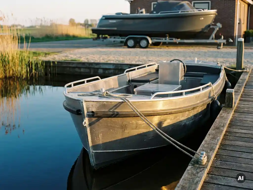 Verweerde aluminium sloep afgemeerd aan houten steiger, met nieuwere sloep op trailer op de achtergrond in gouden middaglicht.