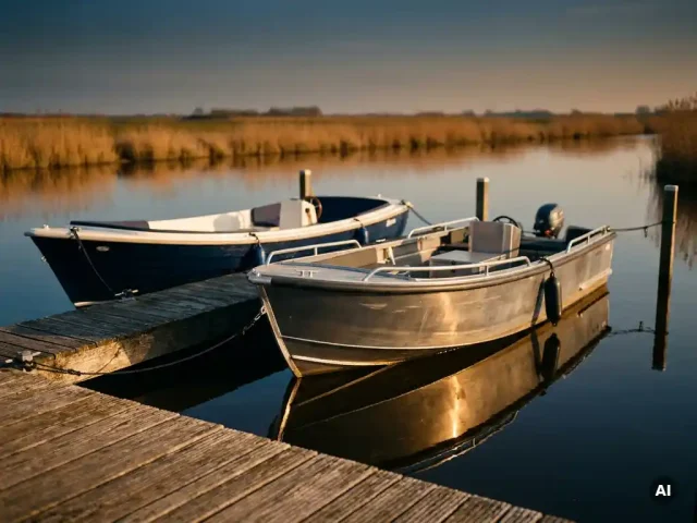 Twee aluminium sloepen in antraciet en marineblauw afgemeerd aan een verweerde houten steiger in Nederlands polderwater, gouden middaglicht.