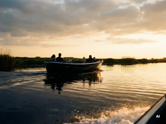 Familie van vier op een aluminium sloep van 6 meter, varend door rustig Nederlands polderwater tijdens het gouden uur.