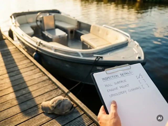 Aluminium sloep afgemeerd aan verweerde houten steiger, geïnspecteerd in gouden middaglicht boven rustig polderwaterwater.