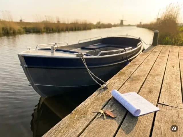 Aluminium sloep afgemeerd aan houten steiger met huurcontract en bootsleutels op het dek, rustig polderwaterlandschap op de achtergrond.