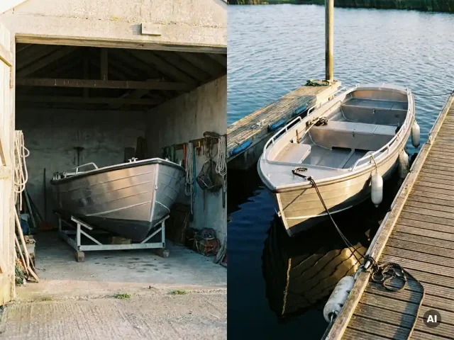 Aluminium sloep opgeslagen in overdekte botenstalling naast identieke sloep aangemeerd aan houten steiger in warm middaglicht.