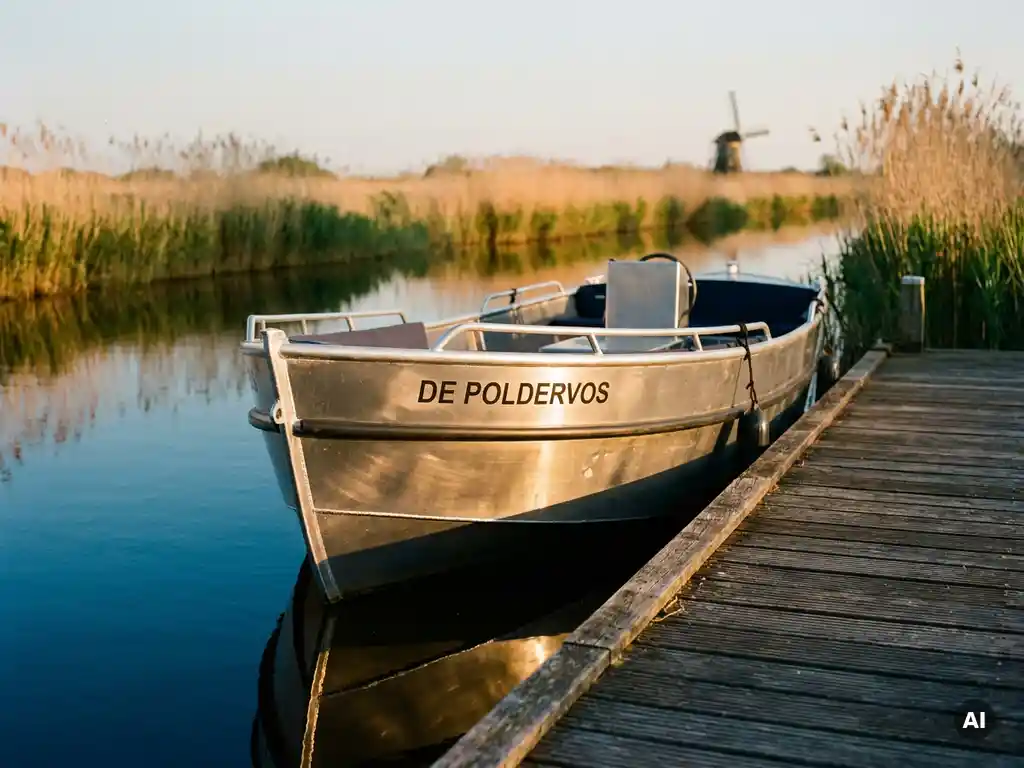 Gepolijste aluminium sloep afgemeerd aan verweerde houten steiger in Nederlands polderwater, omgeven door rietkragen in gouden middaglicht.