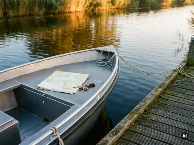 Aluminium sloep afgemeerd aan verweerde houten steiger op rustig poldervater, met gevouwen zeekaart en bootsleutels op de boeg.