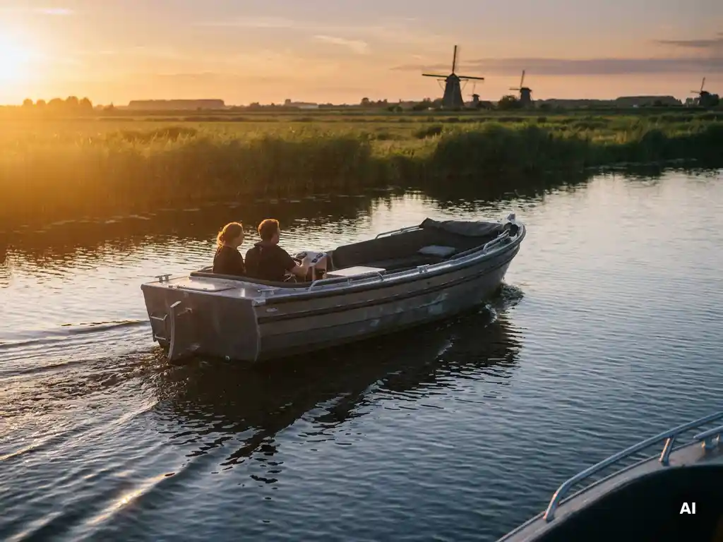 Aluminium sloep vaart over spiegelglad polderwater tijdens gouden uur, met rietkragen en lage horizon op de achtergrond.
