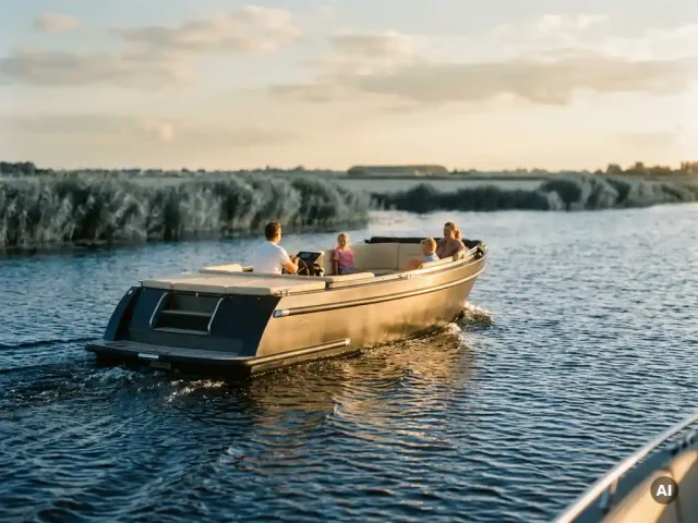 Aluminium familie sloep vaart over kalm polderwaterwater tijdens gouden uur, met antraciet romp en roomwitte kussenzetels.