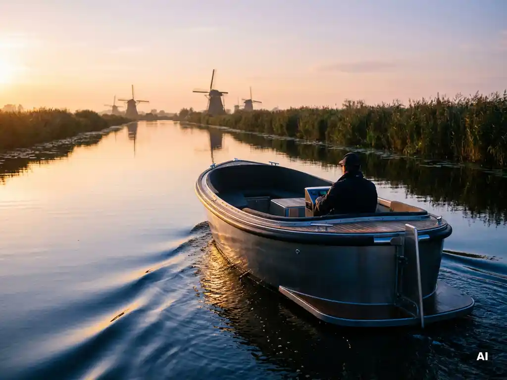Antracietgrijze aluminium sloep vaart door een stil polderlandschap met rietkragen en verre windmolens in gouden avondlicht.
