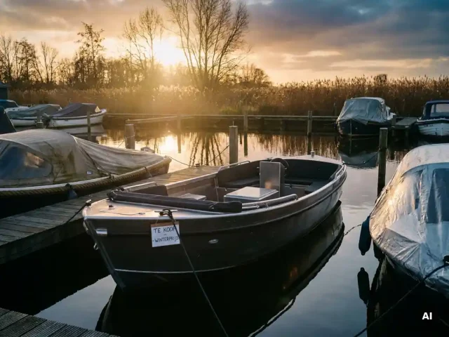 Aluminium sloep afgemeerd in een Nederlandse polderhaven in het najaar, omringd door afgedekte boten in warm goudgeel middaglicht.