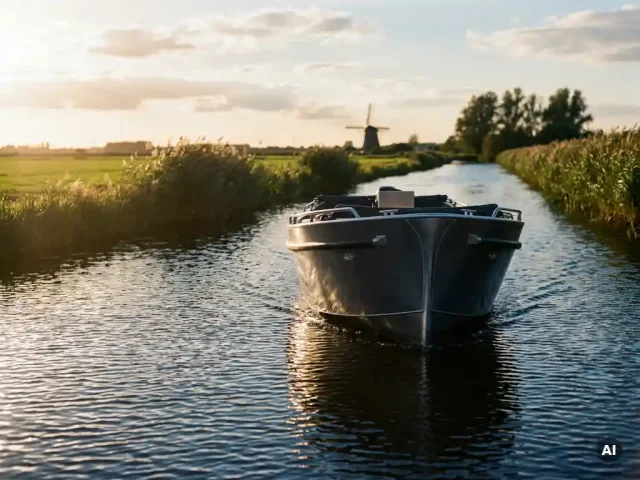 Antracietgrijze aluminium sloep vaart door een Nederlandse polderkaan met rietkragen, groene weiden en een molen op de achtergrond.