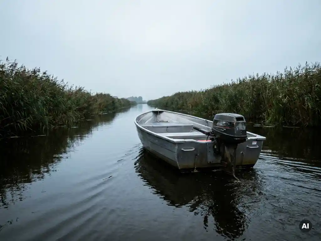 Aluminium sloep met buitenboordmotor vaart door een Nederlandse polderwaterweg, omgeven door rietkragen onder bewolkte lucht.