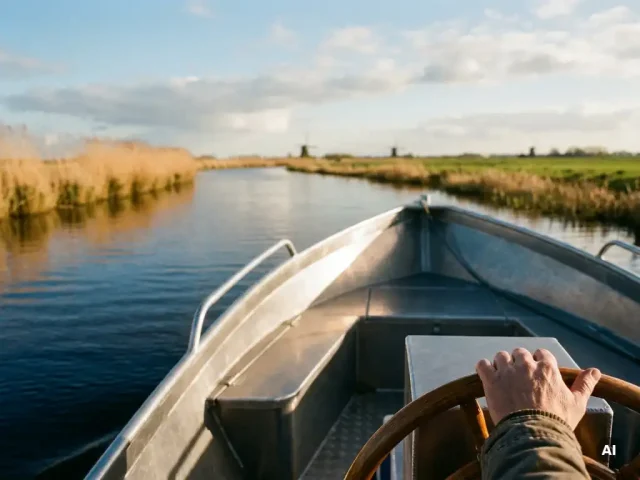 Aluminium sloep vaart door rustige polderwatergang, omgeven door gouden rietkragen en weerspiegeling van de late middagzon.