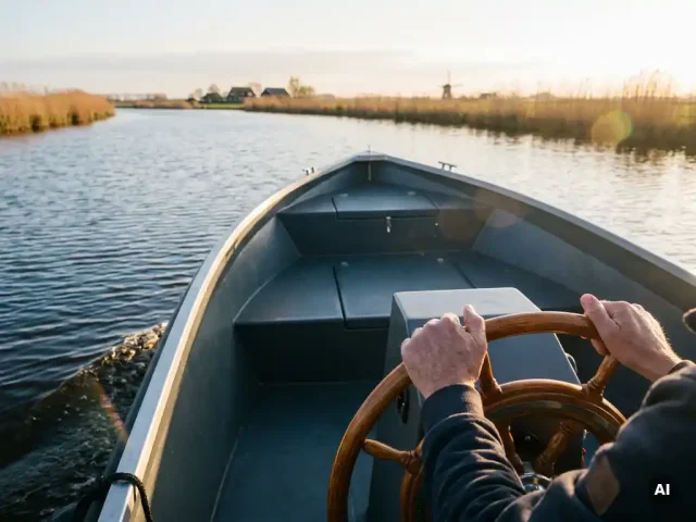 Handen aan houten stuurwiel van aluminium sloep tijdens proefvaart op rustig Nederlands polderwater met rietkragen op de achtergrond.