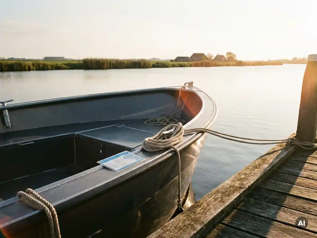 Aluminium sloep afgemeerd aan houten steiger met Nederlands registratiebewijs op de dolboord, polderwater en rietkraag op de achtergrond.