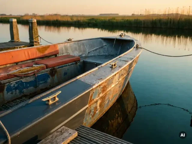 Verweerde aluminium sloep aan houten steiger in poldervaarwater, één zijde gerestaureerd, andere zijde verouderd met gesleten bekleding.