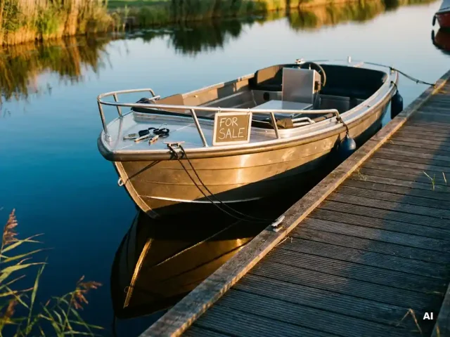 Aluminium sloep te koop afgemeerd aan houten steiger in Nederlands polderwater, bootsleutels op de boeg, gouden uurtje licht.