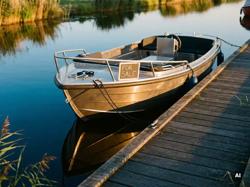 Aluminium sloep te koop afgemeerd aan houten steiger in Nederlands polderwater, bootsleutels op de boeg, gouden uurtje licht.