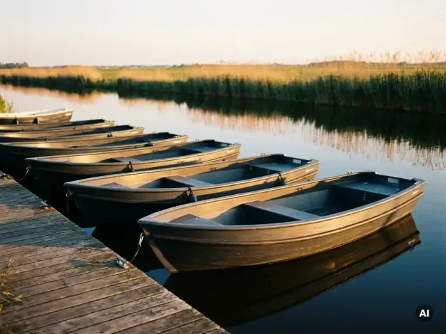 Aluminium sloepen op grootte gesorteerd afgemeerd aan een houten steiger in de polder, weerspiegeld in goudkleurig water bij zonsondergang.
