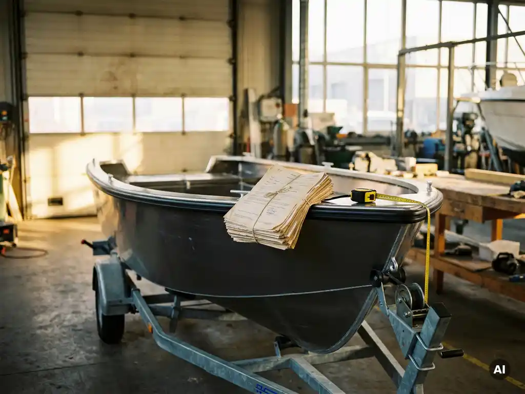Antracietgrijze aluminium tender op trailer in Nederlandse scheepswerf, met aankoopDocumenten en meetlint op de romp.