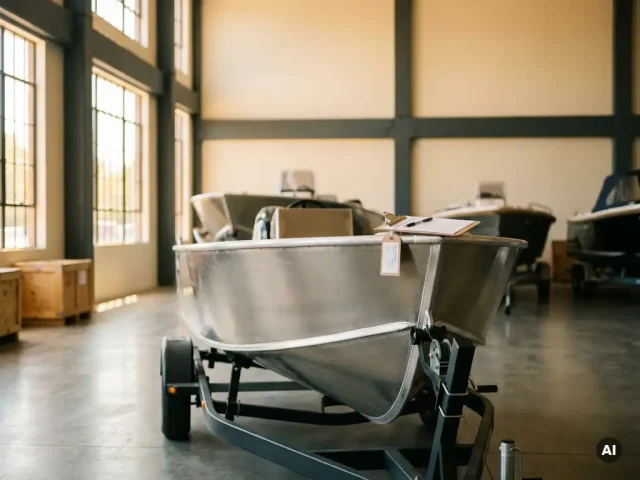 Aluminium tender op trailer in Nederlandse jachtwerf showroom, clipboard op romp, warm daglicht door industriële ramen.
