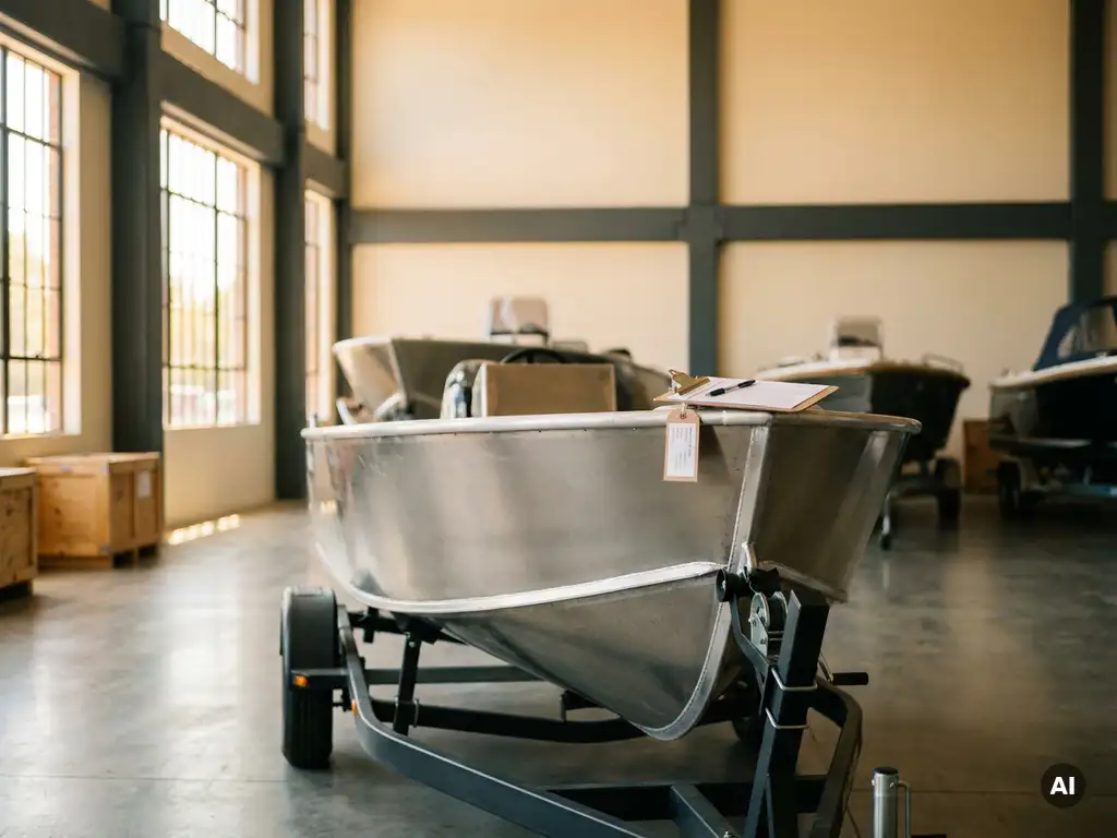 Aluminium tender op trailer in Nederlandse jachtwerf showroom, clipboard op romp, warm daglicht door industriële ramen.