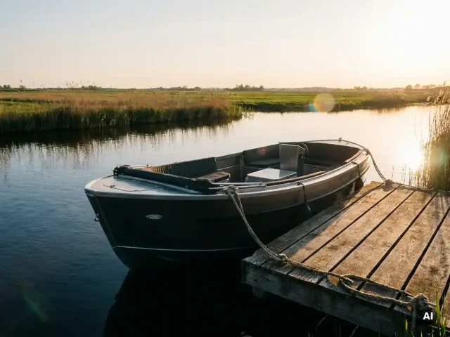 Antracietkleurige aluminium sloep afgemeerd aan houten steiger in Nederlands polderwater, rietland en gouden avondlicht op de achtergrond.