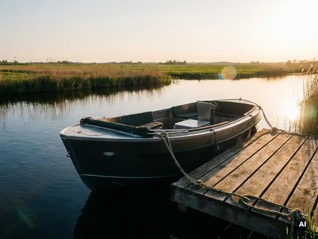 Antracietkleurige aluminium sloep afgemeerd aan houten steiger in Nederlands polderwater, rietland en gouden avondlicht op de achtergrond.