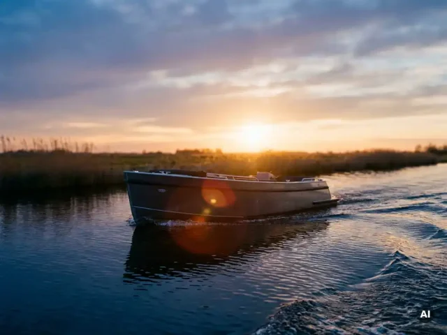 Antraciet aluminium sloep vaart over rustig Nederlands polderwater in warm tegenlicht van de ondergaande zon.
