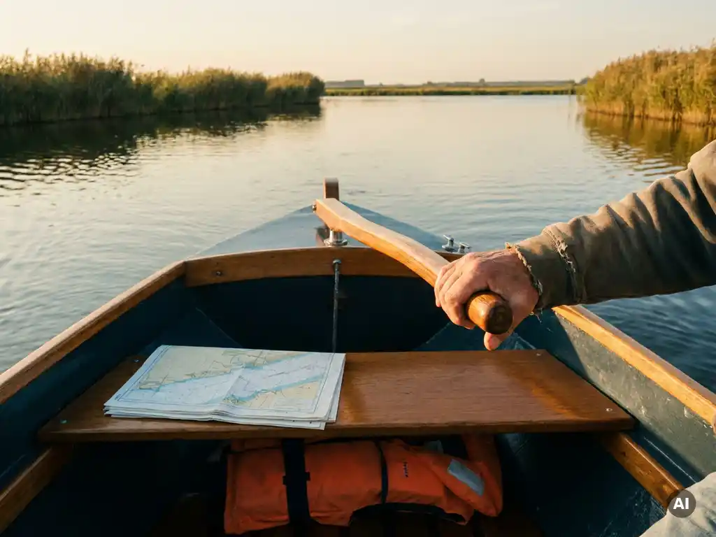 Hand van een beginner op de helmstok van een sloep, varend over rustig polderwatermet rietkragen, opgevouwen zeekaart en zwemvest op de voorplecht.