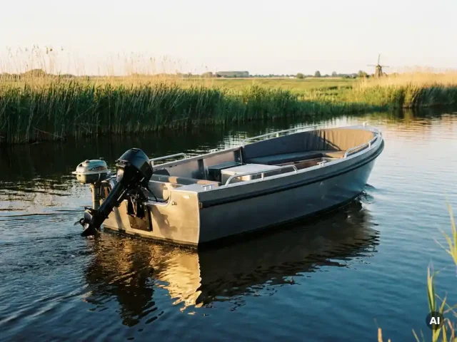 Antracietgrijze aluminium sloep met elektrische motor op stil polderwater in gouden avondlicht, rietkragen aan de horizon.