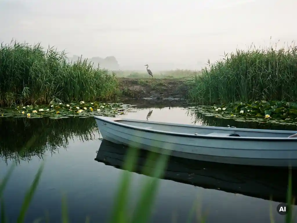Lichtgrijze elektrische sloep vaart geruisloos door een Nederlandse polderwaterweg, omgeven door riet, waterlelies en een reiger op de oever.