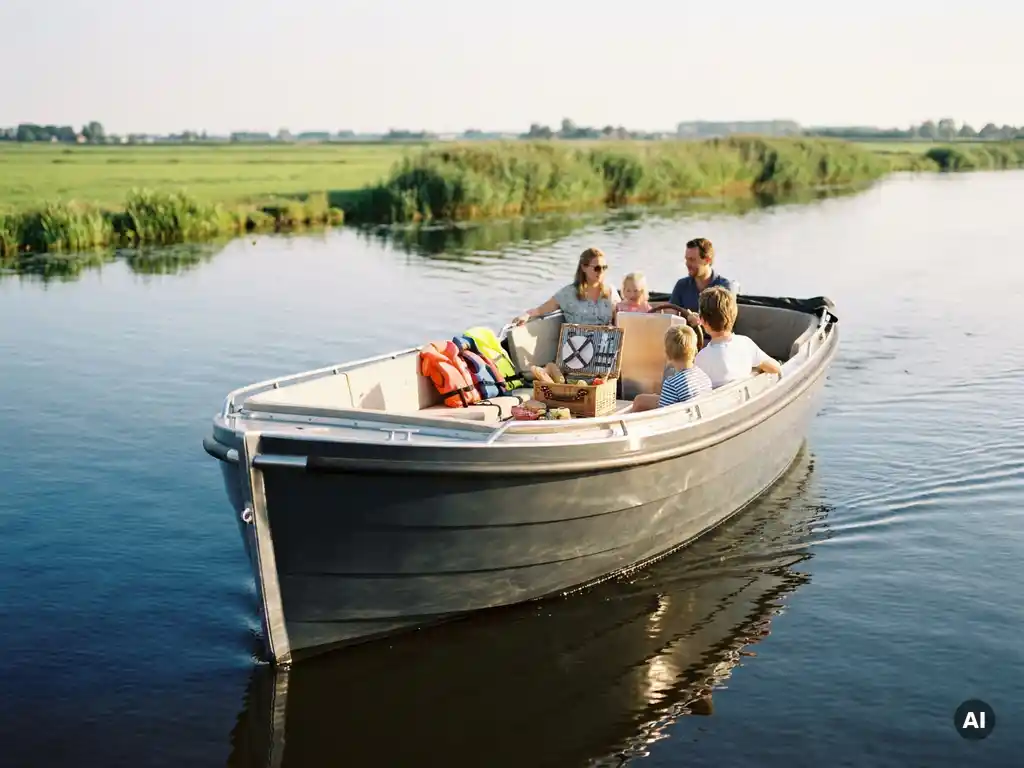Aluminium sloep met gezin vaart door rustig polderwaterland, picknickmandje en zwemvesten zichtbaar op roomwitte kussens.