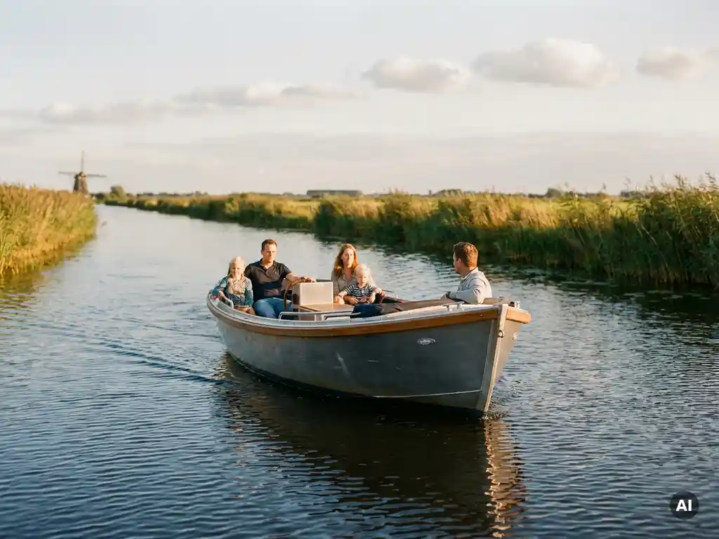 Aluminium sloep met familie vaart door een rustige Nederlandse poldervaarweg, omzoomd door rietkragen en een verre molen.