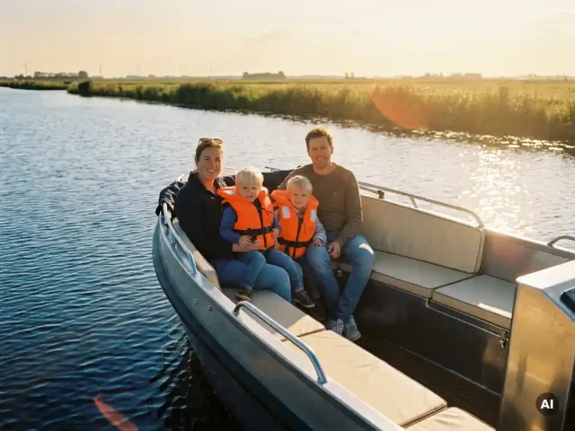 Jong gezin op aluminium sloep in Nederlandse polderwaters, kinderen in oranje zwemvesten op roomwitte kussens, rietland op achtergrond.