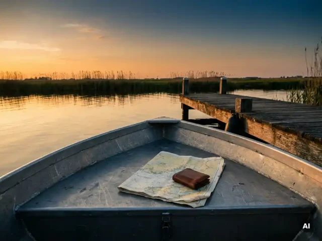Verkreukelde zeekaart en versleten leren portemonnee op de boeg van een aluminium sloep, aangemeerd aan een houten steiger in de polder.