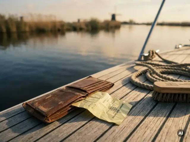 Versleten leren portemonnee open op teak dek met verfrommeld bonnetje, touwwerk en borstel, Nederlands polderwater op achtergrond.