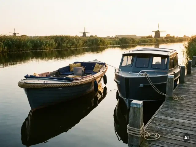Sloep en cabintender afgemeerd aan een verweerde houten steiger in de polder, met kalm water dat gouden middaglicht weerkaatst.
