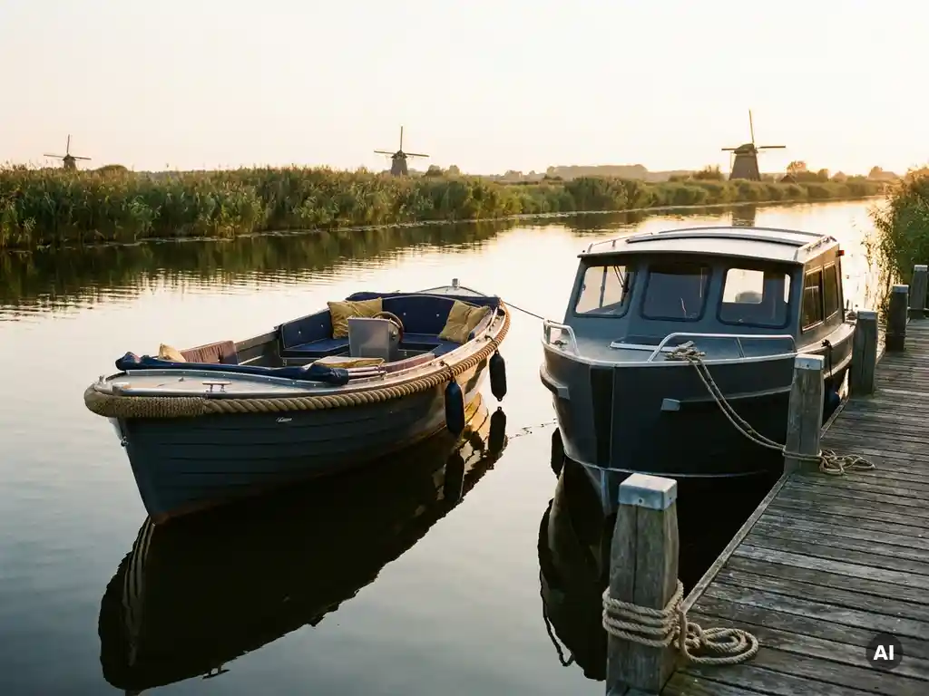Sloep en cabintender afgemeerd aan een verweerde houten steiger in de polder, met kalm water dat gouden middaglicht weerkaatst.
