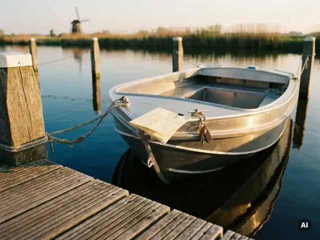 Aluminium sloep afgemeerd aan houten steiger op polderwater, met bootverzekeringsdocument en sleutels op de reling.