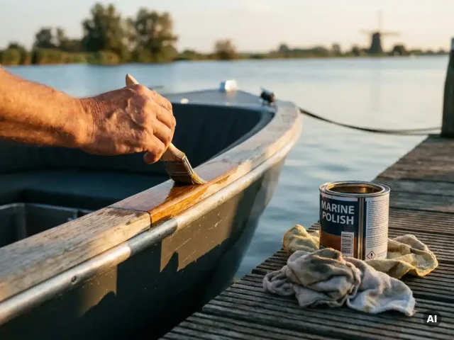 Verweerde handen die mast varnish aanbrengen op een teakhouten reling van een aluminium sloep, afgemeerd aan een houten steiger in rustig polderwaterwater.