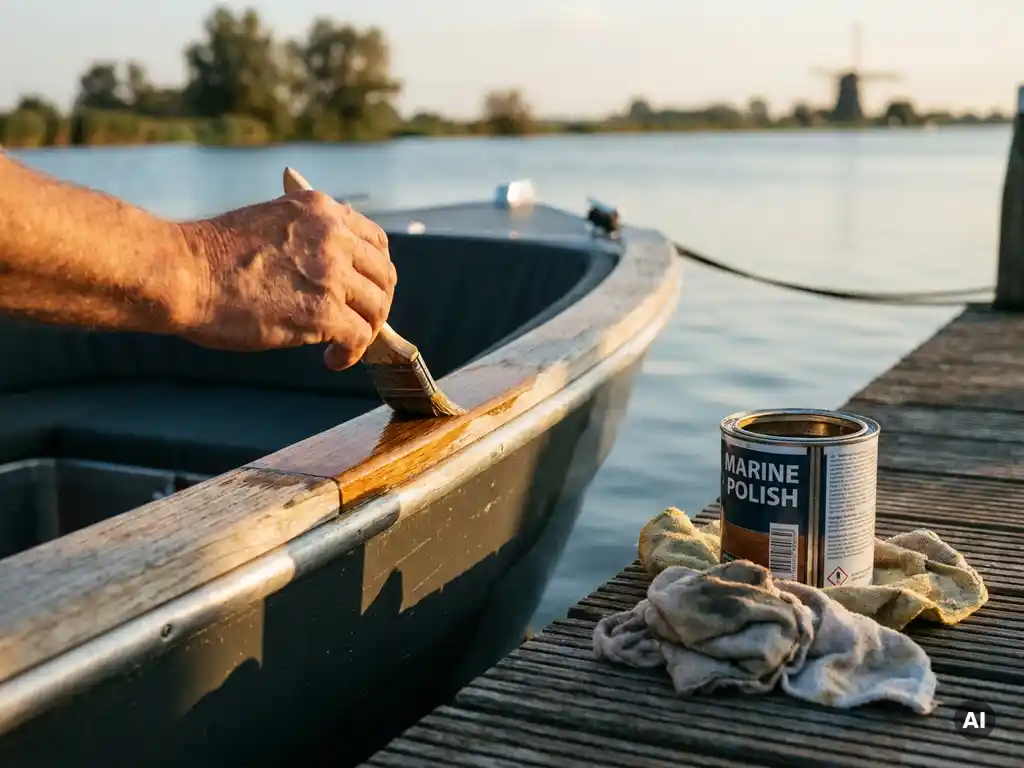 Verweerde handen die mast varnish aanbrengen op een teakhouten reling van een aluminium sloep, afgemeerd aan een houten steiger in rustig polderwaterwater.