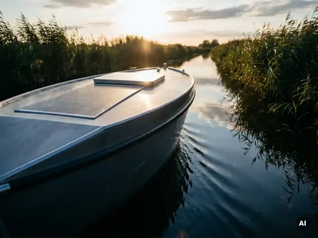 Aluminium sloep met zonnepaneel op boeg vaart door Nederlands polderwater, omgeven door riet en spiegelend blauw water.
