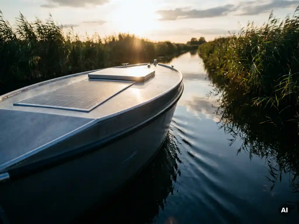 Aluminium sloep met zonnepaneel op boeg vaart door Nederlands polderwater, omgeven door riet en spiegelend blauw water.