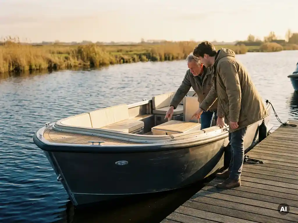 Dealer en klant bekijken samen een antraciet aluminium sloep aan een houten steiger in rustig Nederlands polderwater.