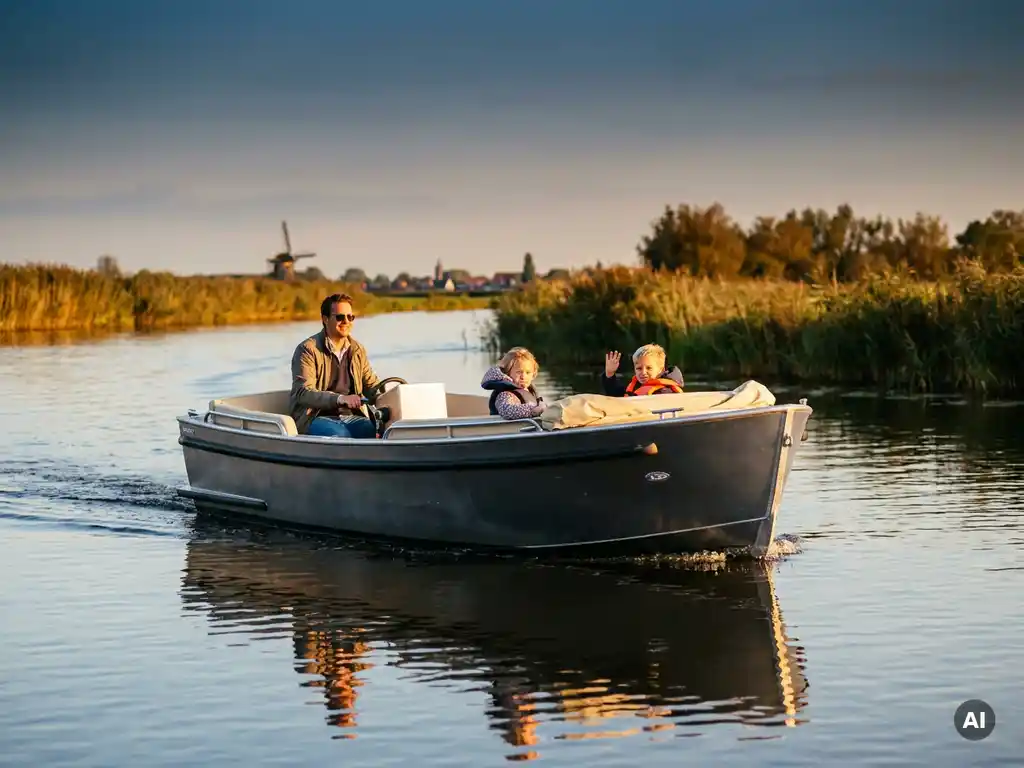 Vader stuurt aluminium familiesloep over rustig polderwater, kinderen op crème kussens, gouden middaglicht op antracietgrijze romp.