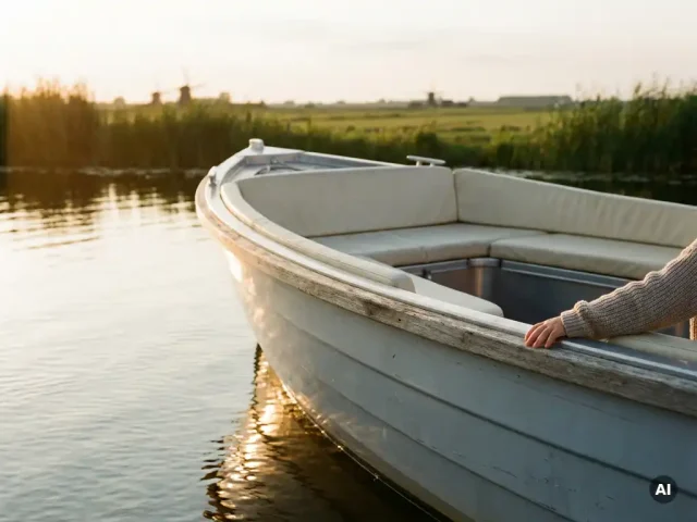 Aluminium familie sloep vaart over rustig polderwaterweg, gouden middaglicht weerspiegelt op het oppervlak, kind legt hand op de dolboord.