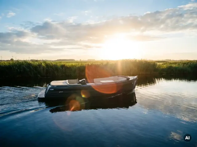 Antracietkleurige aluminium sloep met crèmekleurige kussens vaart over rustig polderwater in gouden avondlicht.