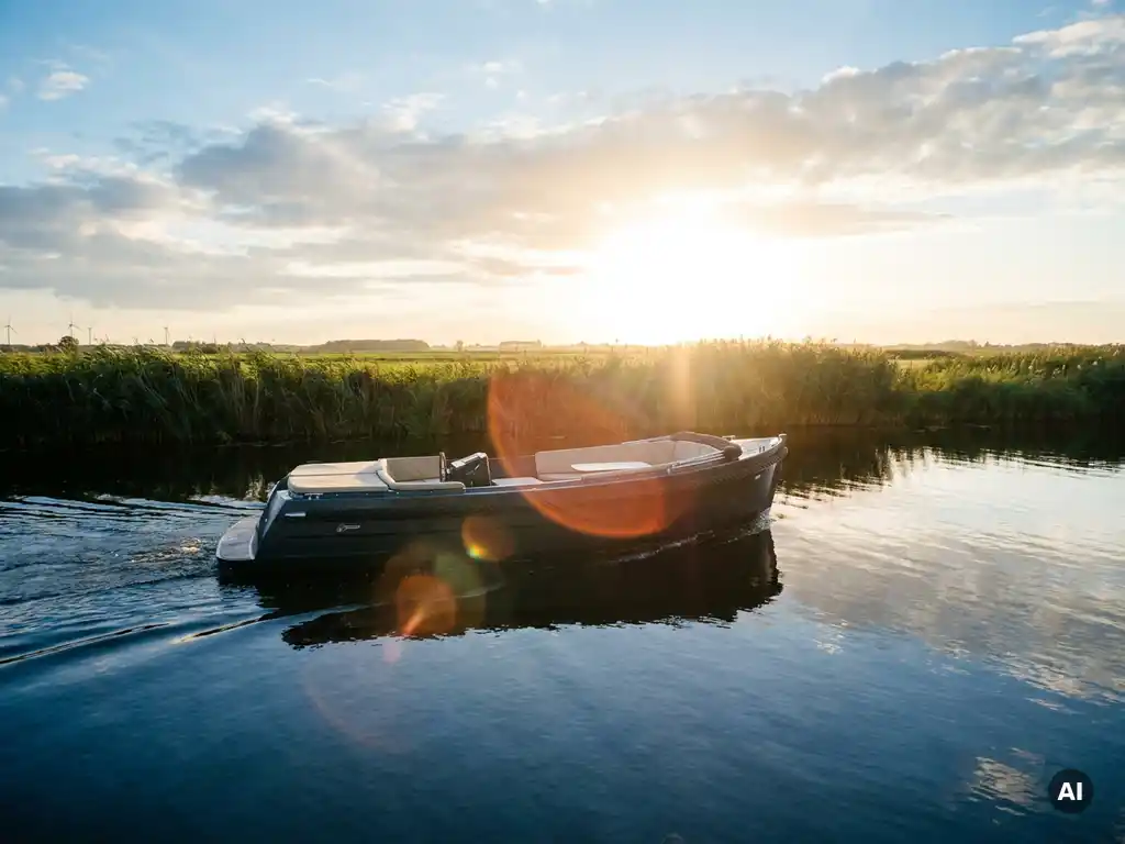 Antracietkleurige aluminium sloep met crèmekleurige kussens vaart over rustig polderwater in gouden avondlicht.