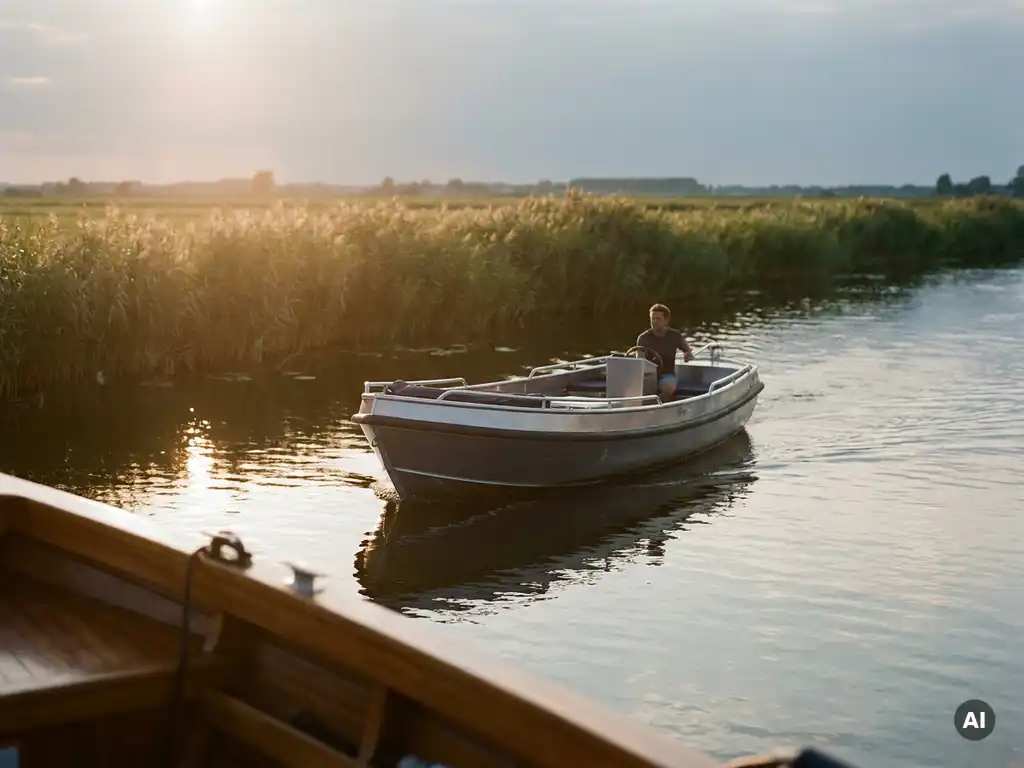Aluminium sloep vaart rustig over polderwater tijdens het gouden uur, met rietkragen en lage horizon op de achtergrond.