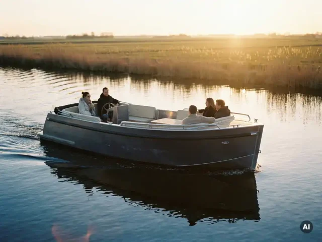 Aluminium sloep vaart over rustig polderwaterland bij gouden uur, met antracietgrijze romp en crèmekleurige kussens.
