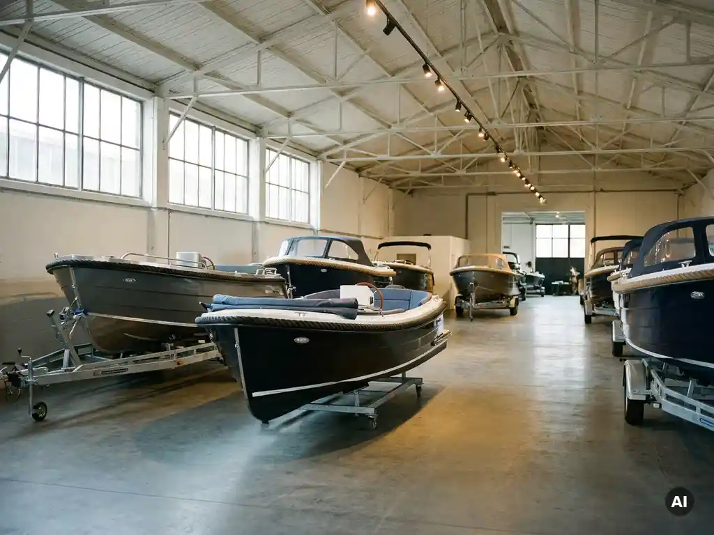 Ruime sloepenshowroom met aluminium sloepen op trailers, elektrische sloep op voorgrond, daglicht door industriële ramen.